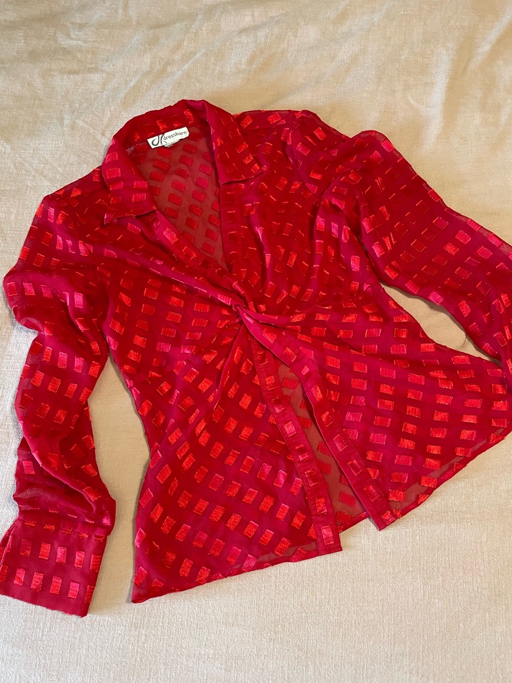 Dress Barn Red Sheer Knot-Front Button-Up Top